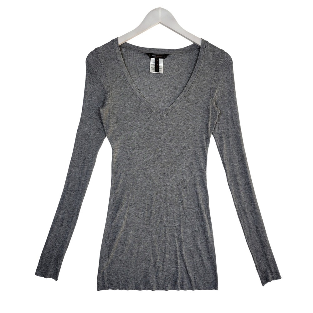 BCBGMAXAZRIA Womens Grey Ribbed V-Neck Long Sleeve Lyocell Blend Top Small